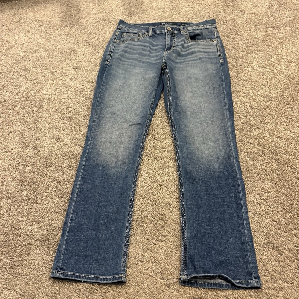 BKE Jake Straight Jeans Mens 33x30 Blue Wash Whiskered Stretch Denim Buckle